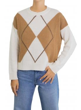 Maglione con rombi bicolore girocollo misto cashmere